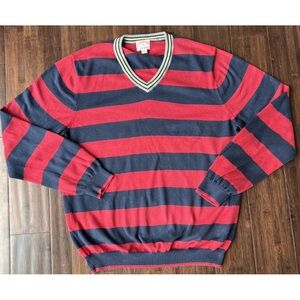 Brooks Brothers Men’s XL Striped Blue Red V-neck Cotton Blend Sweater Preppy